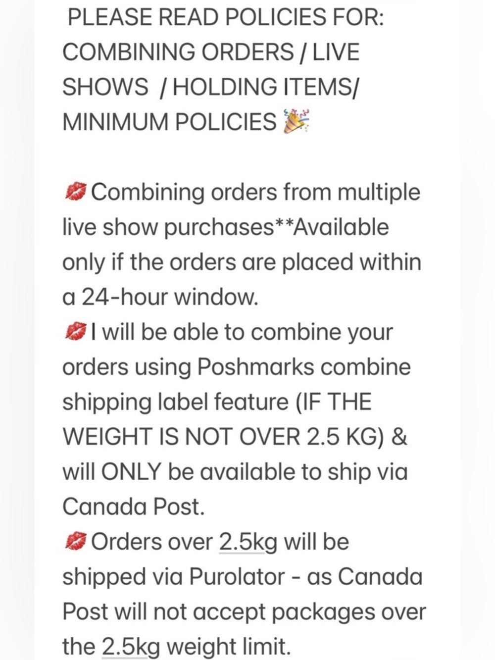 Seller Policies and Live Show Information